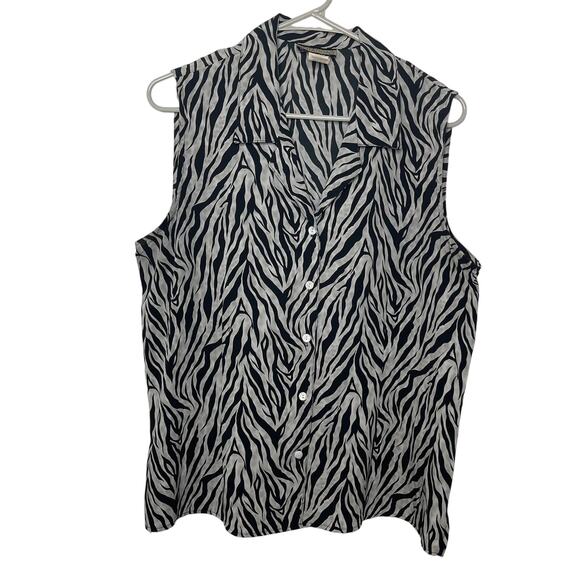 Notations women's large black white zebra print sleeveless blouse top button up - Picture 1 of 15